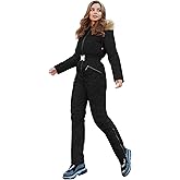 Yousify Womens Winter Ski Suit One Piece Hooded Fur Collar Ski Jumpsuit Snowsuit Outdoor Sports Coat
