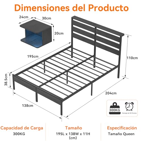 FURRIFIC Cama Matrimonial con 2 Mesitas de Noche Flotantes, Base Matrimonial con Cabecera Almacenamiento, Marco con Luces LED RGB, Estación de Carga, Amplio Espacio Inferior, Estructura de Cama Negra
