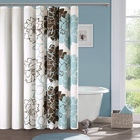 BMALL Lola Cotton Shower Curtain Blue/Brown Shower Rings Included 72X84 inches