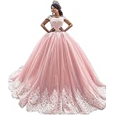 XYAYE Off Shoulder Quinceanera Dresses Puffy Tulle Ball Gowns with Train Lace Long Prom Dress for Women