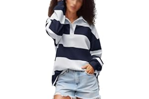 MEIWEILEYA Y2k Women Striped Rugby Polo Shirt Long Sleeve Collared Oversized Vneck Sweatshirt Vintage Jersey Girls Streetwear