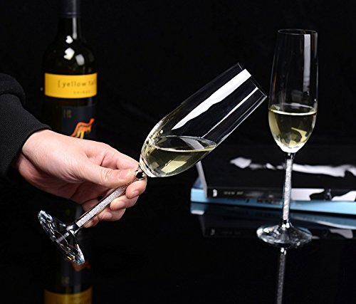 IFOLAINA Champagne Flute Red Wine Glasses Lead Free 8oz Set of 2 with Clear Long Crystal Diamond Stem - Birthday, Anniversary or Wedding Flutes Gifts