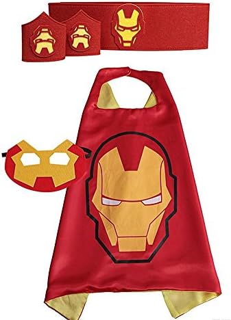 Super Hero Cape Bundle - 4 Items - 1 Cape - 1 Mask - 1 Waistband - 2 Wristbands – Great for Kids Birthday Party , Halloween , pretend play parties , Christmas (Ironman)