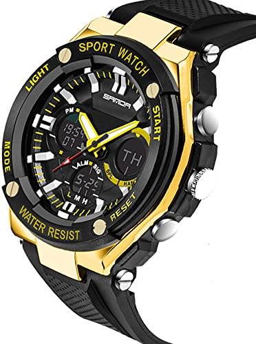 Kids Watch Led Light Calendar Black Rubber Strap Large Dial Waterproof Sport Watch Swimming Black+Gold