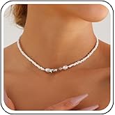 Erimberate Bohemian Pearl Rice Bead Choker Necklace White Seed Bead Collar Necklaces Silver Metal Star Chain Necklace Minimalist Baroque Pearl Necklaces Jewelry for Women