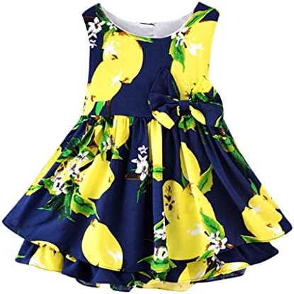 Promotions! Tootu Children Kids Girls Lemon Cartoon Print Bowknot Casual Princess Dress Clothes (Size 120=4T, Navy)