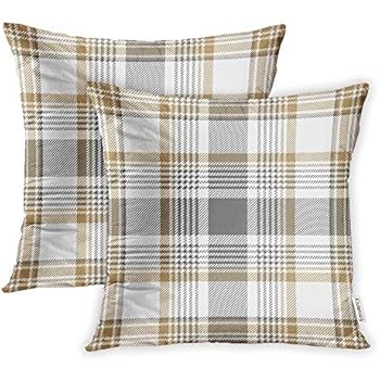 Emvency Set of 2 Throw Pillow Covers Print Polyester Zippered Beige Pattern Gold Platinum Checkered Plaid Gray Check Pillowcase 18x18 Square Decor for Home Bed Couch Sofa