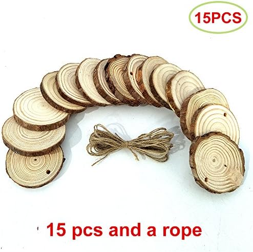 15pcs 3"-3.5" Unfinished Natural Wood Slices with Holes Round Log Discs with 9.8 Feet Natrual Jute Twine Predrilled Round Discs Tree Bark Wooden Circles for DIY Crafts