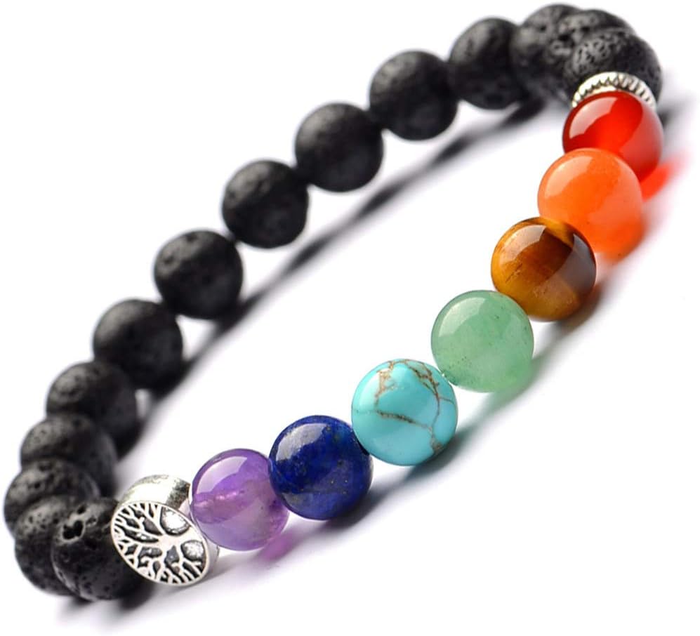 Vlinsha 7 Chakra Healing Bracelet with Real Stones, Anxiety Stress Relief Handmade Essential Oil Diffuser Lava Rock Natural Gemstone Beads with Tree of Life Charm Good Luck Beaded Bracelets for Women