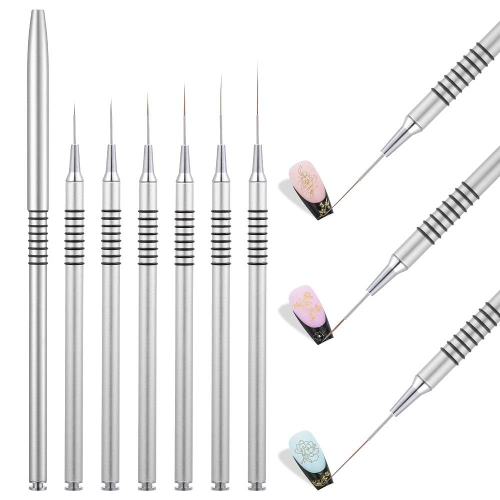 6Pcs Nail Art Liner Brushes Set,Fine Drawing Painting Details Design Striping Brush With Gel Polish Acrylic Handle Manicure Tools(5/7/9/11/15/25mm,Silver)