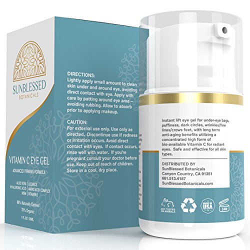 Vitamin C Eye Gel for Under Eye Bags Treatment Dark Circles Puffiness Wrinkles Crows Feet and Anti Aging Skin Care with Hyaluronic Acid Made in USA by SunBlessed Botanicals