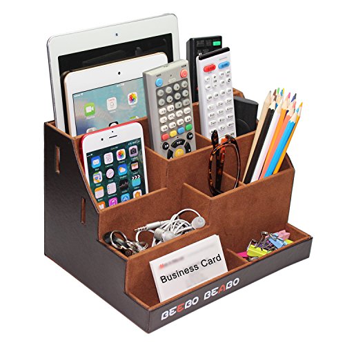 Remote Control Holder Organizer Stand for Table, Large Brown PU Leather Remote Control Holders/Storage /Organizer/Caddy with 9 Spacious Compartments, Multifunction Home Office Desk Organizer - Thumbnail 7