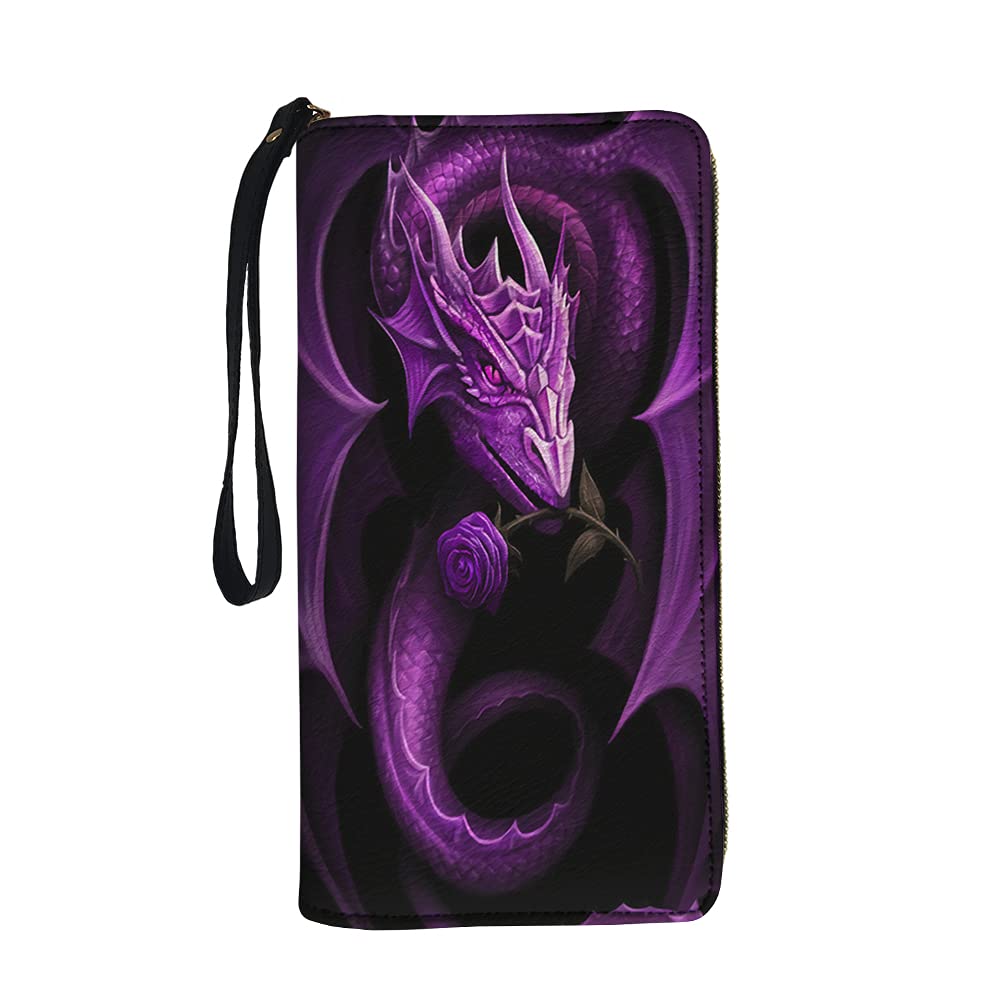 Jeiento Leather Wallets with Purple Dragon Print Long Style Puse Clutch Bag for Lady Girls Outdoor Money Clip Phone Card Holder Zip Around