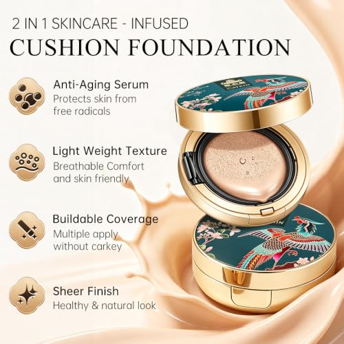 CATKIN Cushion Makeup Foundation, Lightweight and Durable Formula, Anti-Aging, Natural Effect, 7 in 1 Herbal Extracts, Transparent Satin Finish, Refills Included, 13g*2