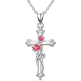 CTIEIP Flower Cross Necklace for Women with Diamonds 925 Sterling Silver 12 Month Birth Flower Necklace Mother's Day Birthday Jewelry Gift