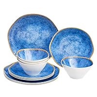 Amazon Basics 12-Piece Melamine Dinnerware Set - Service for 4, Blue Weathered Crackle