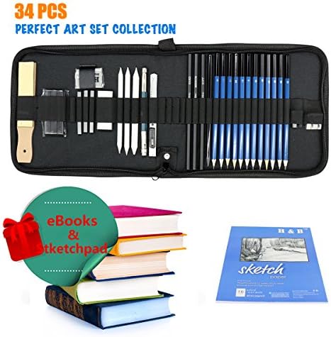 SIMPZIA 34 pcs Sketching Pencils Art Set with Sketch Pad -All-in-one for Draw/Sketch/Office/Patterns - Pencils 5H-8B , Charcoals,Graphite - Sharpener, Eraser,Knife,Blending Stumps, Case.etc inclued