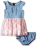Calvin Klein Baby-Girls Denim Dress with Crinkle Georgette Skirt and Lining, Blue, 12 Months