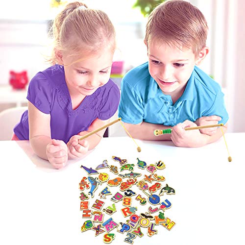 MEIGO Magnetic Fishing Game - Toddler Wooden Magnet Animals and Letters Educational Toys for Kids 2 3 4 5 Year Old Boys Girls (46pcs)