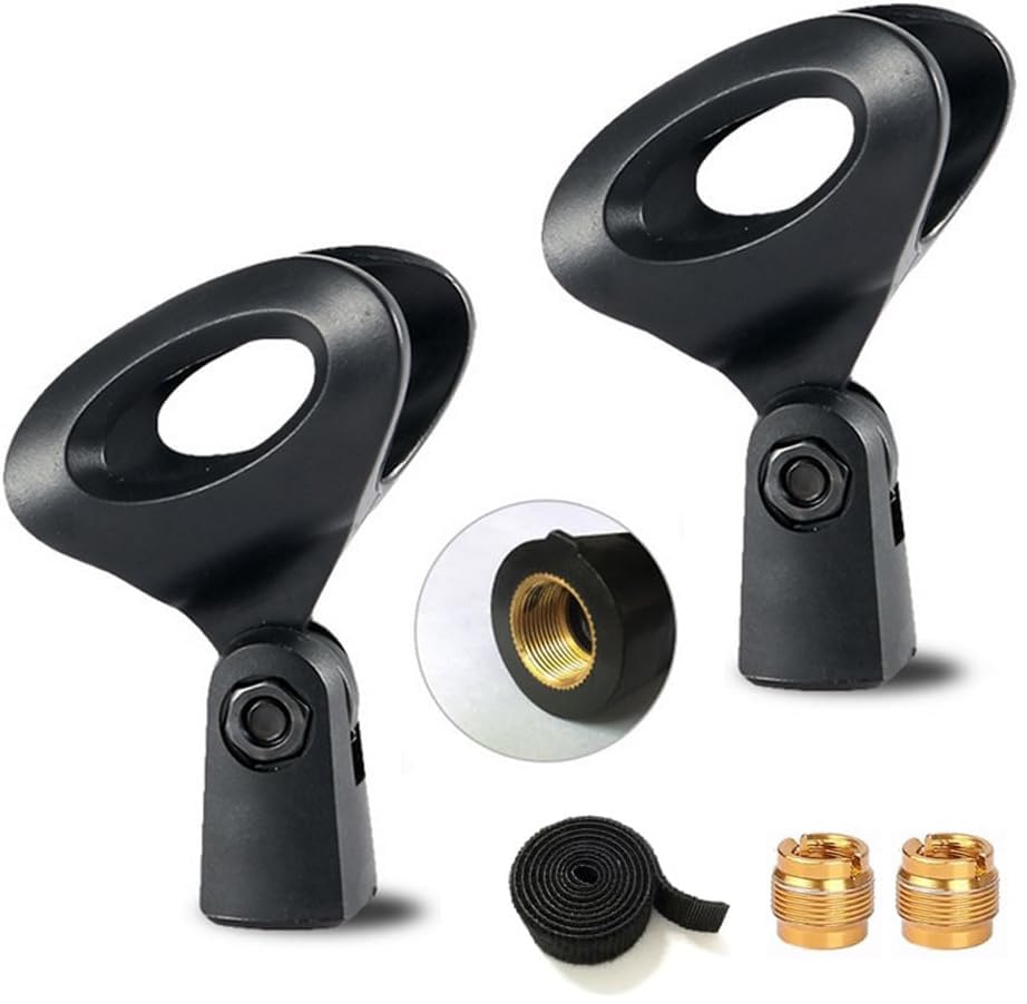 Tencro Universal Microphone Clip Mic Holder with 5/8" Male to 3/8" Female Thread Metal Screw Adapters and Fastening Cable Straps for Microphone Stand, Handhold Microphone - 2 Pack