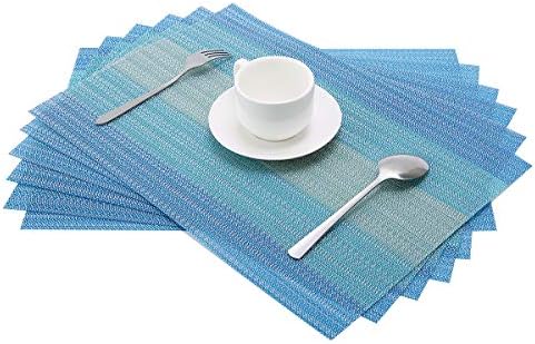 YOSICHY Table Mats Set of 6 Crossweave Woven Vinyl Placemats Heat Resistant Non-Slip Kitchen Placemats for Dining Table Washable Easy to Clean(Blue)