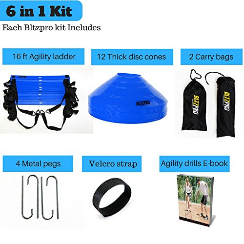 Bltzpro AGILITY LADDER with SOCCER CONES-A Fitness Training Gear used by Athelets & Coaches for teams sports.16ft | Adjustble Rungs| 12 Cones| 2 Carry Bags| 4 pegs |footwork drills ebook
