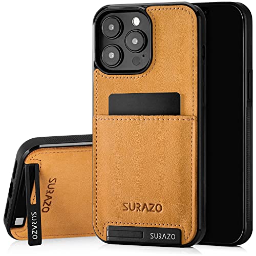 SURAZO Echtleder Back Case für Apple iPhone 15 Pro Max Hülle – Stoßfestes Leder Handyhülle Cover mit [ Kartenfach, Standfunktion, Schlüsselanhänger ] Vintage Slim Bumper Schutzhülle (Camel)