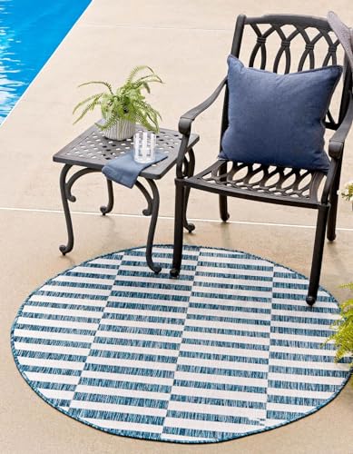 Unique Loom Outdoor Striped Collection Area Rug - Striped (12' Round Blue/Ivory)