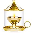 Ein Sof Brass Diya for Puja, Medium Size Akhand Diya with Glass Cover, Pooja Mandir Room Decoration Item, Diwali Christmas and Other Festival Gift Items - Gold & White, 6 inches