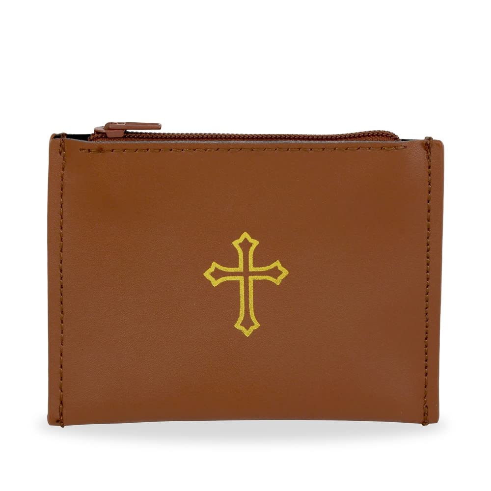 Leather Zipper Rosary Pouch with Gold Cross Design …, Brown, 4 x 3