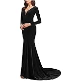 SZJMS Velvet Formal Dresses for Women Long Sleeve Prom Dresses Floor Length V Neck Mermaid Evening Gowns with Train