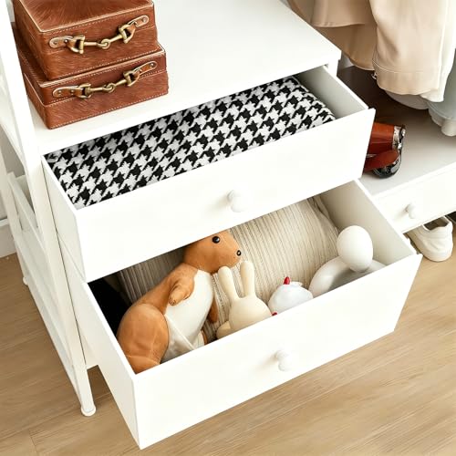 STAR BURN Closet Armables Para Ropa, Acero+Madera Tarea Pesada Rack Para Ropa, perchero con 4 cajones, Armario de Acero y Madera con Barra para Colgar, Adecuado para Dormitorios y Lavaderos(Blanco)