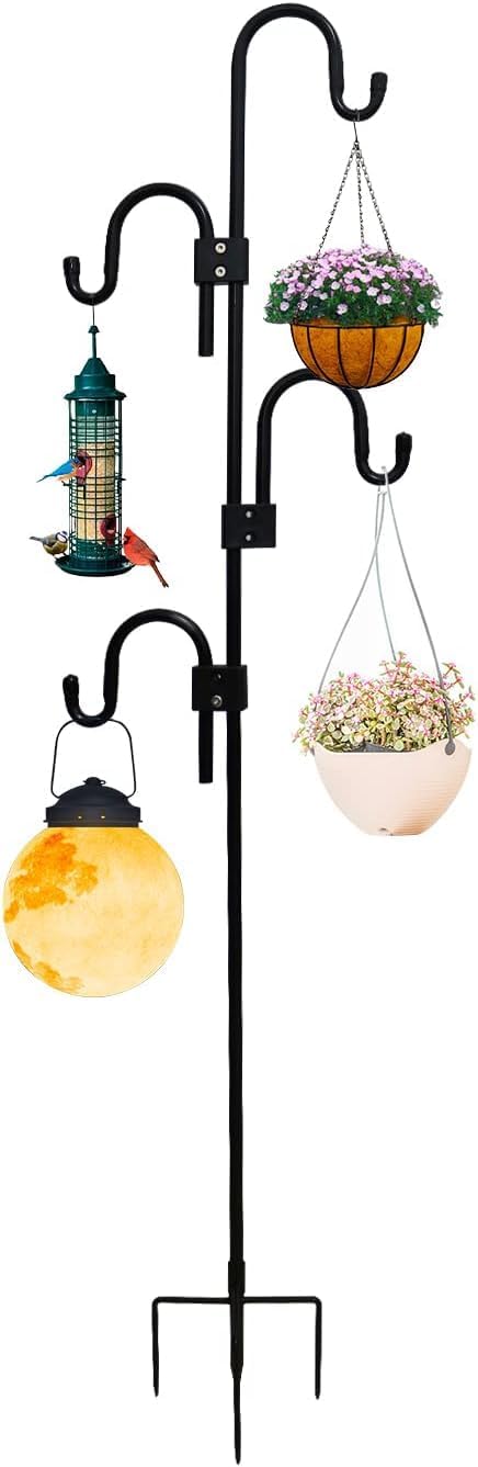 Outdoor Shepherd's Hooks - Rexwnadu Shepards Hooks for Outdoor Adjustable Bird Feeder Pole 60 Inch Heavy Duty Garden Hanging Holder for Lanterns, Solar Lights, Bird Feeder, Wedding, Planter Pot-4 Headed