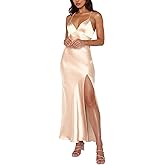 Cosonsen Women's Cocktail Party Dress Satin V-Neck Spaghetti Strap Split Open Back Long Maxi Dresses