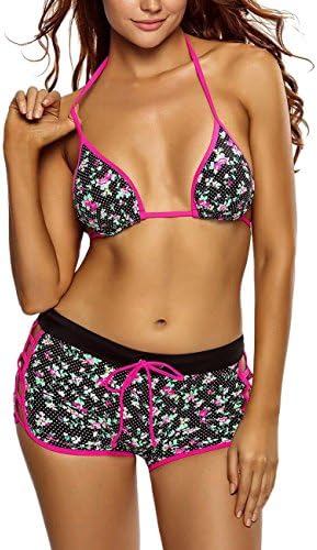 Viyoung Womens Floral Print Triangular Top Swimwear Halter BIkini Sets Boardshort 2pcs Swimsuit (M, Pink)