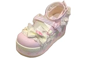 ZQW Women's Kawaii Cute Bow Strawberry Cake Lace Chunky Mary Jane Heels Round Toe Lolita Y2K Aesthetic Platform Wedge Shoes