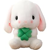 HOUPU Soft Toy - Sitting Lop Eared Rabbit, Easter White Rabbit Stuffed Bunny Animal with Carrot Soft Lovely Realistic Long-Eared Standing Pink Plush Toys (White-Four Leaf,16.9in/43cm)
