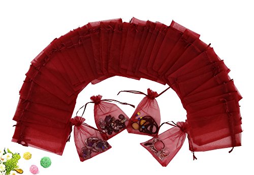 Wuligirl 100 PCS Wine Red Bag Jewelry Party Wedding Festival Candy Gift Organza Drawstring Pouch Bags (100 pcs Red, 4x6