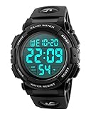 Mens Sports Watch Military Classic Stopwatch Large Dial Electronic LED Backlight Wristwatch 50M Waterproof Digital Watch with Large Number- Black