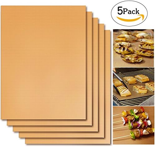 Gold Grill Mat Set of 5 100% Non Stick BBQ Grill &amp; Baking Mat Reusable Easy Clean 16"x13" For Gas Charcoal Electric Grill and More - FDA Approved PFOA Free Dishwasher Safe