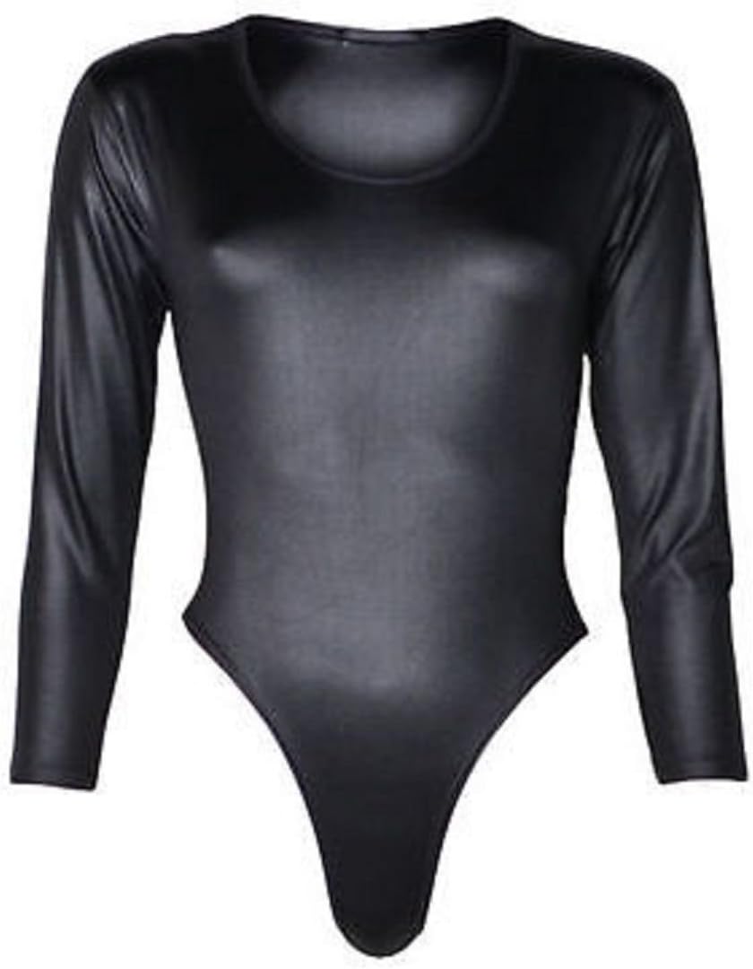 The Home of Fashion New Womens Black PVC Wet Look Long Sleeved Leotard Bodysuit Top (XXL (16-18))