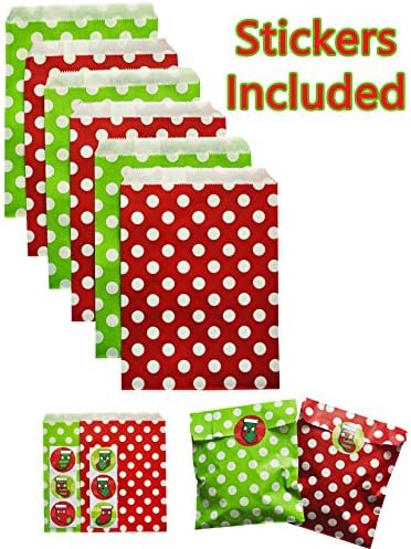Red and Green Christmas Holiday Paper Party Treat Bags 48 Count 5x7 Polka Dot W/ Stocking Stickers