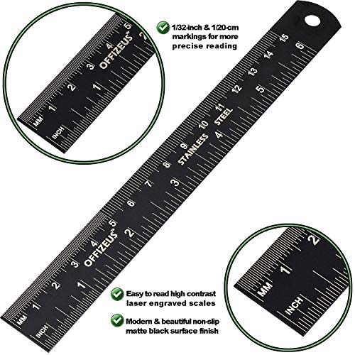 Metal Ruler 6 Inch - Steel Rulers with Inches and Centimeters & Conversion Table - Ideal for School and Office (2 Pack)