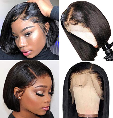 Leeven 8 Inch 130% Denisty Natural Black Short Lace Front Human Hair Wig Brazilian Virgin Straight Lace frontal wigs Human Hair Bob Wigs with Baby Hair for Women