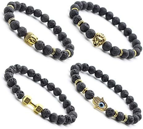 Celeisure 4PCS Hamsa Hand of Fatima Lava Rock Mala Beads Bracelet Buddhist Prayer 8mm 7.5 Inches Lion