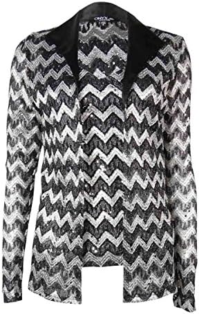 Onyx Nite Women's 2PC Sequin Lace Chevron Blouse Set (L, Black/Silver)