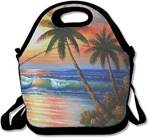 Sunset Beach Oil Painting Cool Lunch Boxes With Zipper And Adjustable Crossbody Strap