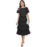 Memphty Tea Length Mother of The Bride Dresses for Wedding with Sleeve Chiffon Tiered Formal Evening Dresses