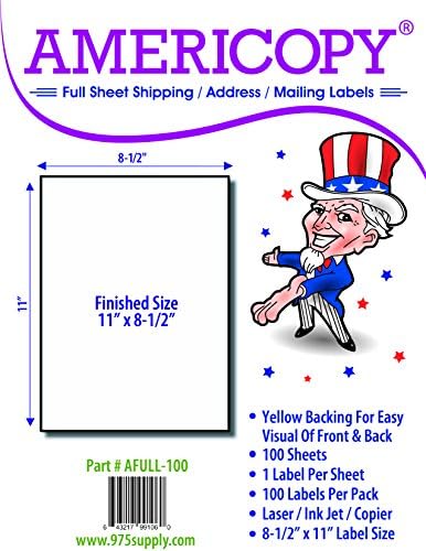 Americopy Full Sheet Shipping and Mailing Labels, 8.5 x 11, 100 Labels