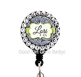 Retractable Badge Reel - Navy Blue Mum with Swarovski Rhinestones - Personalized Name - Badge Holder